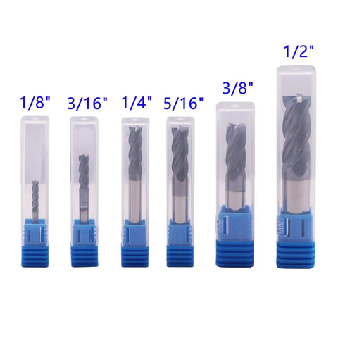 Pro Grade Solid Carbide End Mill Set One Eighth To One Half Inch, Six Pc AlTiN Coated Four Flute CNC Router Bits in packaging