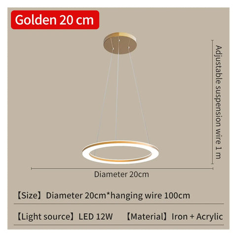 Golden Circle Pendant Light, 20 cm diameter, made of iron and acrylic, ideal for modern home design lighting indoor.
