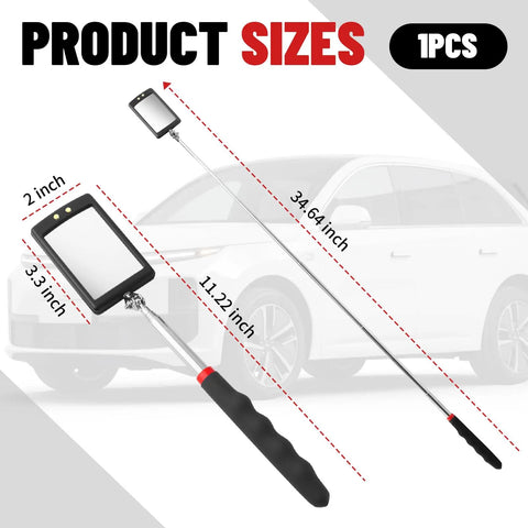 Extendable Car Inspection Mirror With Light 12 To 35 Inch Telescoping Tool LED View 360 Degree Adjustable Non Slip Grip For Tight Spots Under Dash And Engine Bay Easy Reach Vision. product sizes shown, 3.3 x 2 inch mirror, 11.22 to 34.64 inch handle