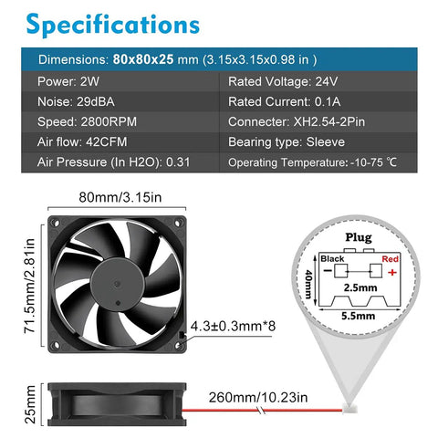High Speed 80mm 24V DC Brushless Cooling Fan specifications diagram with dimensions and connector details