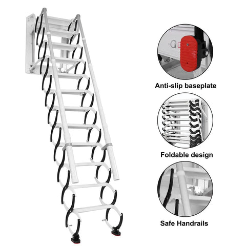 Premium Electric Retractable Attic Ladder Built From Tough Titanium Magnesium Alloy featuring safe handrails and anti-slip base.