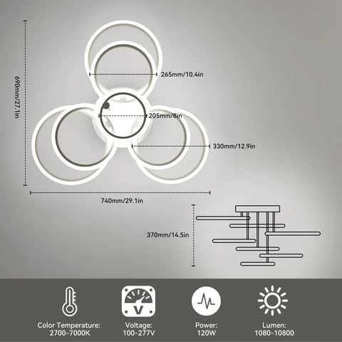 Diagram of 7 Ring LED Ceiling Light With Remote, Dimmable 2800K-7000K Flush Mount, 10800 Lumen, showing size and dimensions.