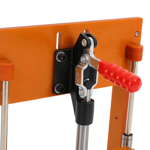 Pro Grade PCBA Testing Jig For PCB Test Stand With Open Lid, close-up on adjustable handle and mounting mechanism.