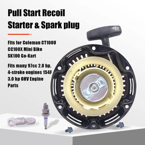 Pull Start Recoil Starter With Spark Plug For 97cc 2.8HP Mini Bikes And Go Karts displayed alongside components.