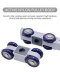 Soft Close Pocket Door Slide Hardware And Track Set For Barn Doors With Heavy Duty Hanger And Bilateral Four Wheel Dual Damping 47 Inch Track Single Door Load Rating Up To 143 Lbs Space Saving Slider System showing nylon pulley body with blue wheels