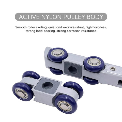 Soft Close Pocket Door Slide Hardware And Track Set For Barn Doors With Heavy Duty Hanger And Bilateral Four Wheel Dual Damping 47 Inch Track Single Door Load Rating Up To 143 Lbs Space Saving Slider System showing nylon pulley body with blue wheels