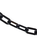 Heavy Duty Black Plastic Barrier Chain Five Hundred Feet Long Tough Crowd Control Divider For Block Parties Stadiums And Street Fairs Durable Two Inch Diameter Poly Link close-up of chain links on white background.