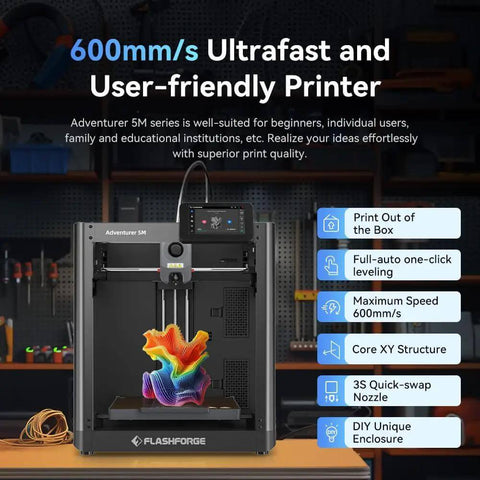 Adventurer 5M 3D Printer With Fully Auto Leveling System And CoreXY Structure Delivers 600mm/s High Speed, 280C Quick Detach Nozzle For Superior Print Quality, A Plug And Play Choice For Rookies To Pros.