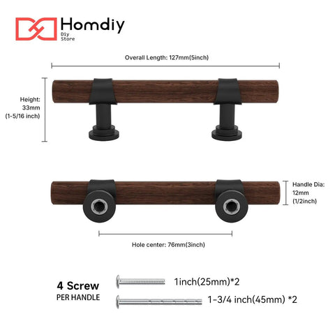 Diagram of Ten Pack Three Inch Walnut Wood Grain Cabinet Pulls in Matte Black Metal showing dimensions and screws included