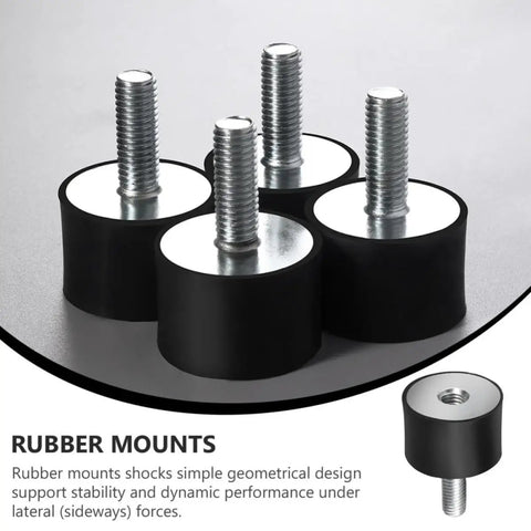 Six Pack Black Rubber Engine Mount Mats With Damping Elements For Superior Vibration Isolation And Stable Support On Machinery, Fitness Equipment, And DIY Projects, black rubber mounts with threaded bolts