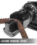 Heavy Duty Electric Hydraulic Rebar Bender Machine With Badass 900 Watt Motor For Grade 60 Steel Bars Adjustable Zero To Hundred Thirty Degree Bend Angle And Quick Crimping Setup For Round Steel close-up of bending mechanism.
