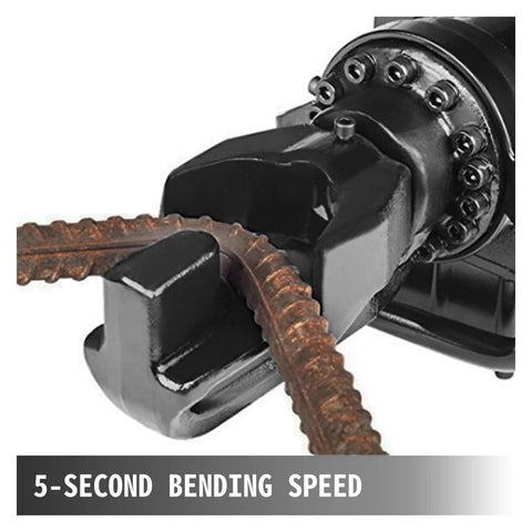 Heavy Duty Electric Hydraulic Rebar Bender Machine With Badass 900 Watt Motor For Grade 60 Steel Bars Adjustable Zero To Hundred Thirty Degree Bend Angle And Quick Crimping Setup For Round Steel close-up of bending mechanism.
