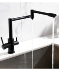 GAZOGJ Faucet, Brass Brushed Kitchen Folding Faucet with Pure Water Cold Hot Kitchen Modern Drinking Water 3 Way Filtered Faucet Mixer,Brushed with Hose-D pouring water over a stainless steel sink.
