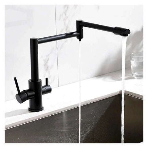 GAZOGJ Faucet, Brass Brushed Kitchen Folding Faucet with Pure Water Cold Hot Kitchen Modern Drinking Water 3 Way Filtered Faucet Mixer,Brushed with Hose-D pouring water over a stainless steel sink.