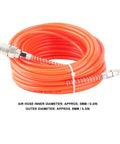 Heavy Duty Air Compressor Hose 20M With One Quarter Inch NPT Connector For Pneumatic Tools Auto Repair Shops Plus Home Garages High Pressure PU Tube 15Bar Handle Tire Inflation Impact Wrench Job Sites Workshop Beast Top Tier Pro Grade Build Red coiled orange hose with 1/4 NPT ends
