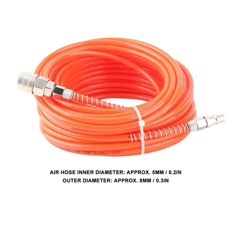 Heavy Duty Air Compressor Hose 20M With One Quarter Inch NPT Connector For Pneumatic Tools Auto Repair Shops Plus Home Garages High Pressure PU Tube 15Bar Handle Tire Inflation Impact Wrench Job Sites Workshop Beast Top Tier Pro Grade Build Red coiled orange hose with 1/4 NPT ends