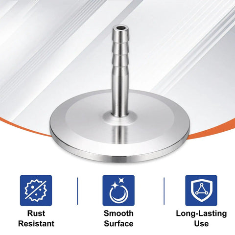 Top Shelf Pro Grade One Point Five Inch Tri Clamp To Quarter Inch Hose Barb Adapter Connector Solid SUS304 Stainless Steel standing on a smooth surface.