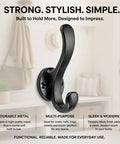 6 Pack Black Aluminum Coat Hooks No Drill Heavy Duty Wall Hooks Hold 50 Lbs Rust Proof Corrosion Resistant For Bathroom Kitchen Laundry Garage Great For Mudroom Hallways Closets And Entryways, black metal hook close-up on wall