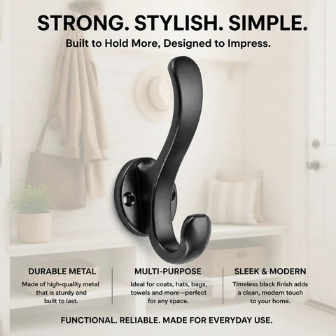 6 Pack Black Aluminum Coat Hooks No Drill Heavy Duty Wall Hooks Hold 50 Lbs Rust Proof Corrosion Resistant For Bathroom Kitchen Laundry Garage Great For Mudroom Hallways Closets And Entryways, black metal hook close-up on wall
