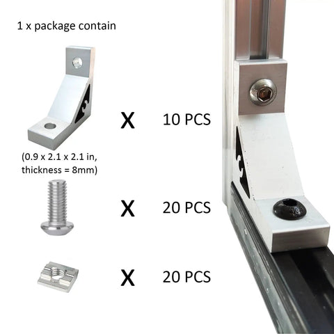Heavy Duty 10 Series L Bracket Connector Kit For 1010 Aluminum Extrusion, 10 Sets Of Corner Brackets, T Nuts, Screws for 1 Inch Profile