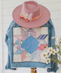 Denim jacket with quilted patch and pink hat; Fast Drying Fabric Glue For Fabrics Canvas Lace Wood And More That Dries Crystal Clear In Minutes