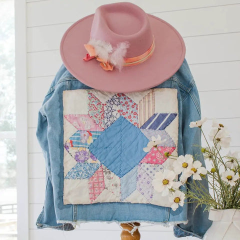 Denim jacket with quilted patch and pink hat; Fast Drying Fabric Glue For Fabrics Canvas Lace Wood And More That Dries Crystal Clear In Minutes