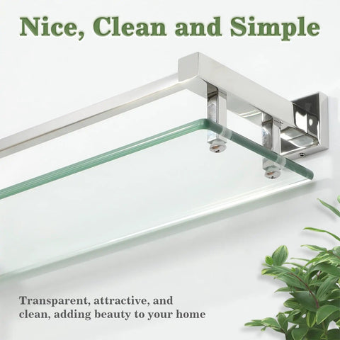 Close-up of 20 Inch Glass Shelf For Bathroom Wall Mounted Polished Chrome Floating Shelves With 8mm Tempered Glass And SUS304 Stainless Steel Brackets Heavy Duty Support Modern Sleek Design That Ties Your Space Together