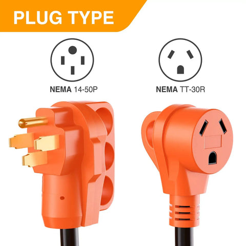Heavy Duty 50 To 30 Amp Rv Power Adapter Cord 18 Inch Dogbone Converter Plug showing NEMA 14-50P and NEMA TT-30R plugs.