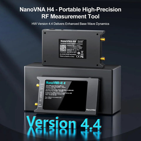 NanoVNA H4 Vector Network Analyzer V4.4 with touchscreen display, showcasing ports and enhanced wave dynamics.