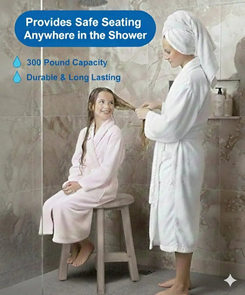 Woman caring for girl's hair on CoastalVogue 12 Inch Teak Shower Stool Round Gray Waterproof Bath Bench inside shower.