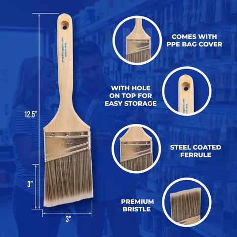 Two Pack 3 Inch Angle Paint Brushes With Durable Wooden Comfort Grip For Easy Control And A Thick Synthetic Filament features