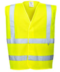 Straight Up Job Site Approved Flame Resistant High Visibility Safety Vest En Iso Certified Polyester Workwear Heavy Duty Fire Guard Vest Built Tough For Long Hours, featuring bright yellow fabric and reflective stripes.