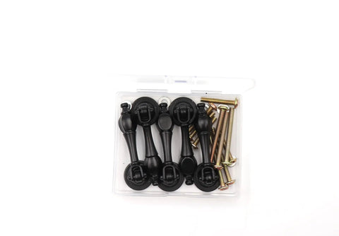 Badass Vintage Black Tear Drop Cabinet Knobs 5 Pack with screws in a clear box, solid zinc alloy, antique pull handles.