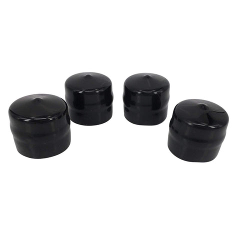 Four black 1.7 inch caps from Front Wheel Axle Hardware Kit For Riding Mowers And Tractors Includes Shaft Covers Gaskets Clamps Thrust Washers E Clips And Rubber Seals Durable 1.7 Inch Cap Replaces OEM Numbers 532188967 532121749 812000029 121749X M143338 R27434 M123254