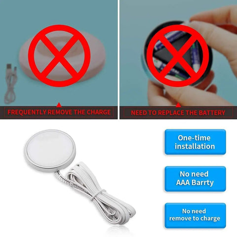 Comparison of under cabinet RGB LED puck lights showing easy plug-in setup without battery replacement or frequent charging.