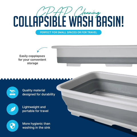 Hose And Mask Cleaning Kit with collapsible wash basin, highlighting portability and durability for CPAP tubing maintenance.