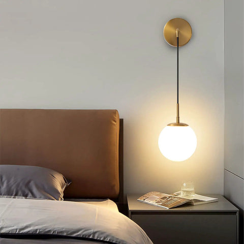 Brushed Gold Modern Wall Sconces Set Of Two With Milky White Hanging Globe Glass Shade Indoor Wall Lighting for Bedroom and Living Room Decor