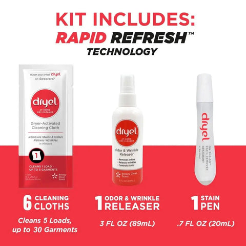 At-Home Dry Cleaning Kit With Breeze Clean Scent, No Dry Bag Needed shown with 6 cloths, odor releaser, and stain pen