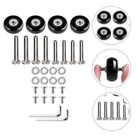 Six Pack Luggage Wheel Replacement Set For Suitcases And Rolling Bags Universal Fit Heavy Duty Rubber And Iron Casters Easy Install 360 Degree Swivel Wheels Spare Parts For Travel Gear, black wheels and hardware kit