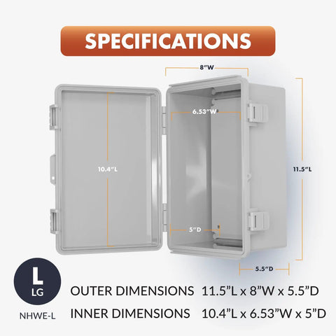 Heavy Duty Gray Weatherproof Electrical Junction Box With Hinged Lid And Nema 4x Polycarbonate Construction Outdoor Cabinet dimensions illustration