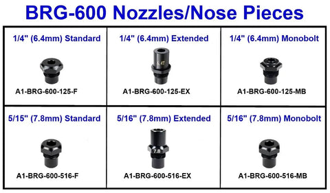 BRG-600 nozzles for 20V cordless blind rivet gun, includes various sizes and types for efficient fastener work.