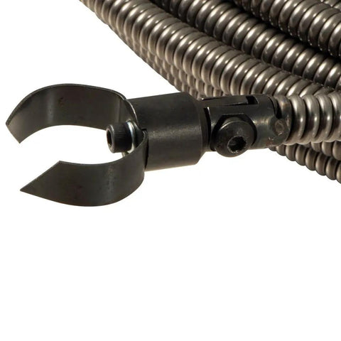 Straight Up American Drain Cleaning Cable One Half Inch By Fifty Feet Slotted Couplings Included Five Piece Blade Kit For Two To Four Inch Lines Knockout Clog Smasher cutting head close-up on coils.
