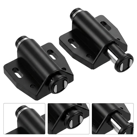 Close-up view of 4 Pack Magnetic Push To Open Door Latches for cabinets and drawers made of durable ABS and iron hardware.