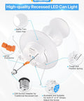 Five To Six Inch LED Recessed Can Lights Four Pack With Solid Metal Baffle Trim Dimmable Damp Rated 12W Equivalent To 110W 1100 Lumen Retrofit Lighting 5000K Daylight ETL FCC Energy Star Certified product components and details.