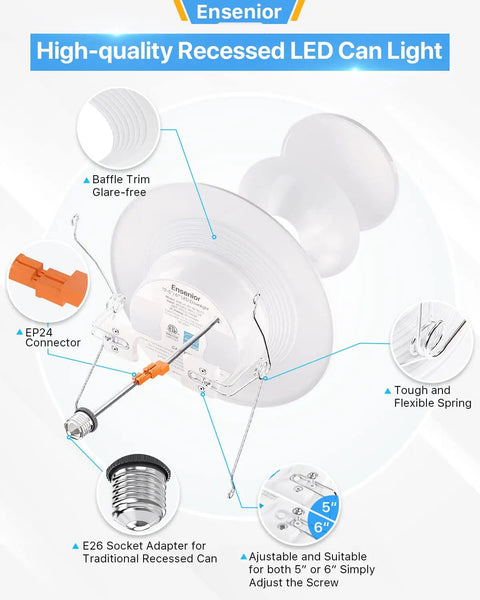 Five To Six Inch LED Recessed Can Lights Four Pack With Solid Metal Baffle Trim Dimmable Damp Rated 12W Equivalent To 110W 1100 Lumen Retrofit Lighting 5000K Daylight ETL FCC Energy Star Certified product components and details.