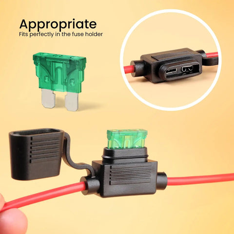 Inline Fuse Holder Kit 18 AWG 10 Pack With 70 Assorted Car Fuses 2A 3A 5A 7A 10A 15A 20A ATC ATO Blade Fuses for Automotive Wiring Projects Heavy Duty Circuit Protection and Easy Install, green blade fuse in holder