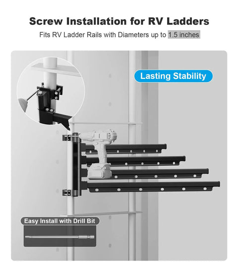 Aluminum RV Clothes Drying Rack Ladder Mounted 24 Inch Long With 180 Degree Swivel Arms installation on white ladder