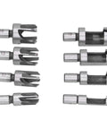 Rugged Carbon Steel Wood Plug Drill Bit Cutter Set With Spiral Claw Design Eight Piece Kit showing various sizes 6-16.