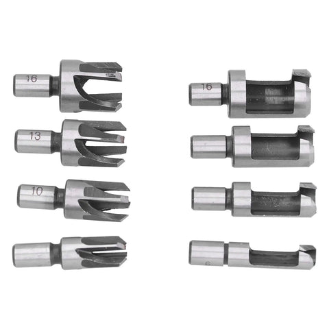 Rugged Carbon Steel Wood Plug Drill Bit Cutter Set With Spiral Claw Design Eight Piece Kit showing various sizes 6-16.