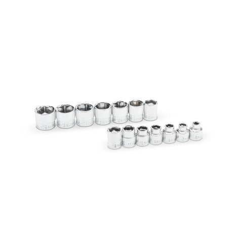 14-piece Three Eighths Inch Drive Stubby Socket Set, 6 Point MM, low profile, chrome finish, for tight spaces.